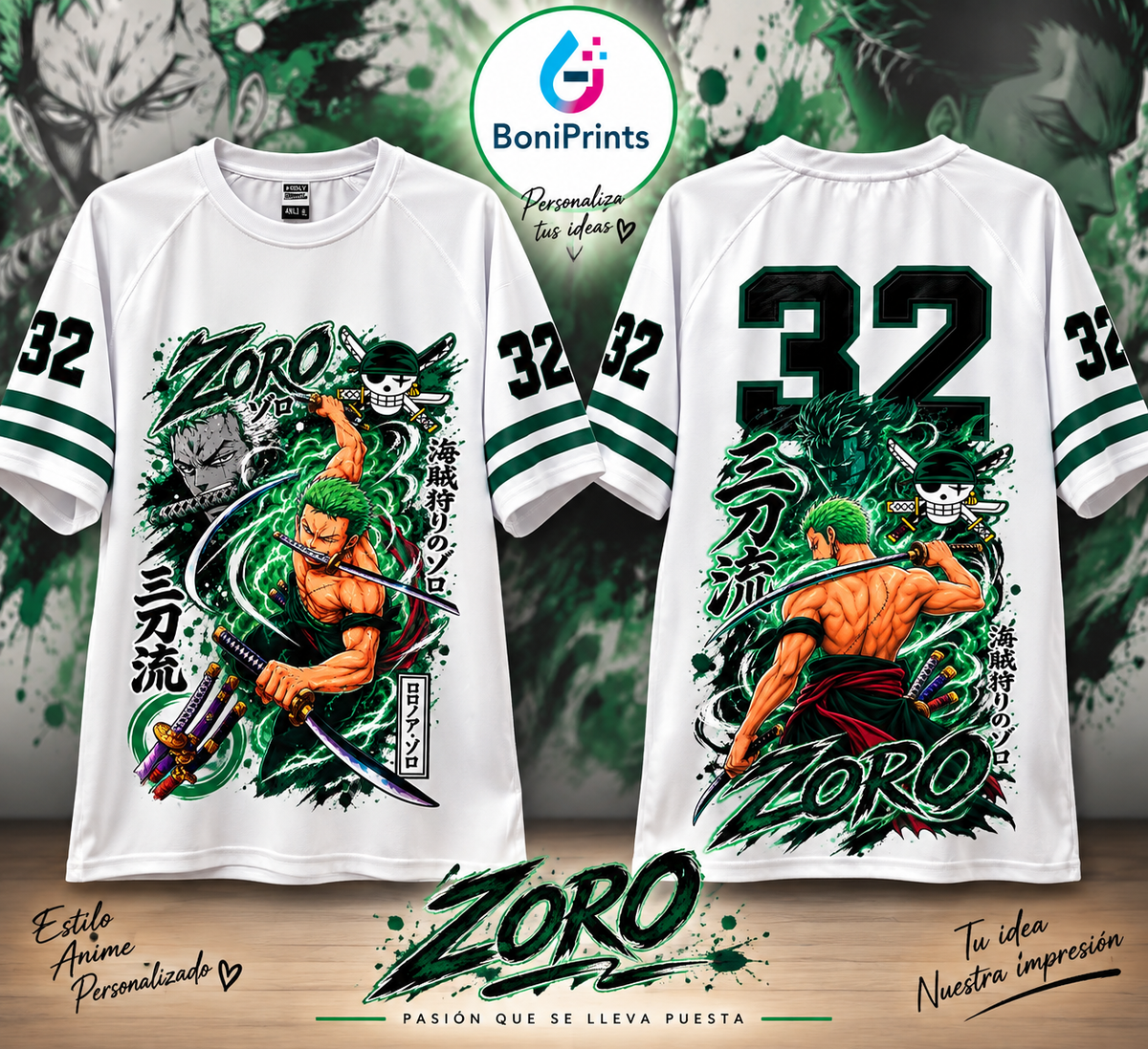 Camiseta blanca personalizada con diseño de Zoro por delante y por detrás