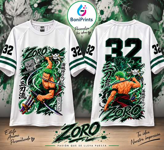 Camiseta blanca personalizada con diseño de Zoro por delante y por detrás