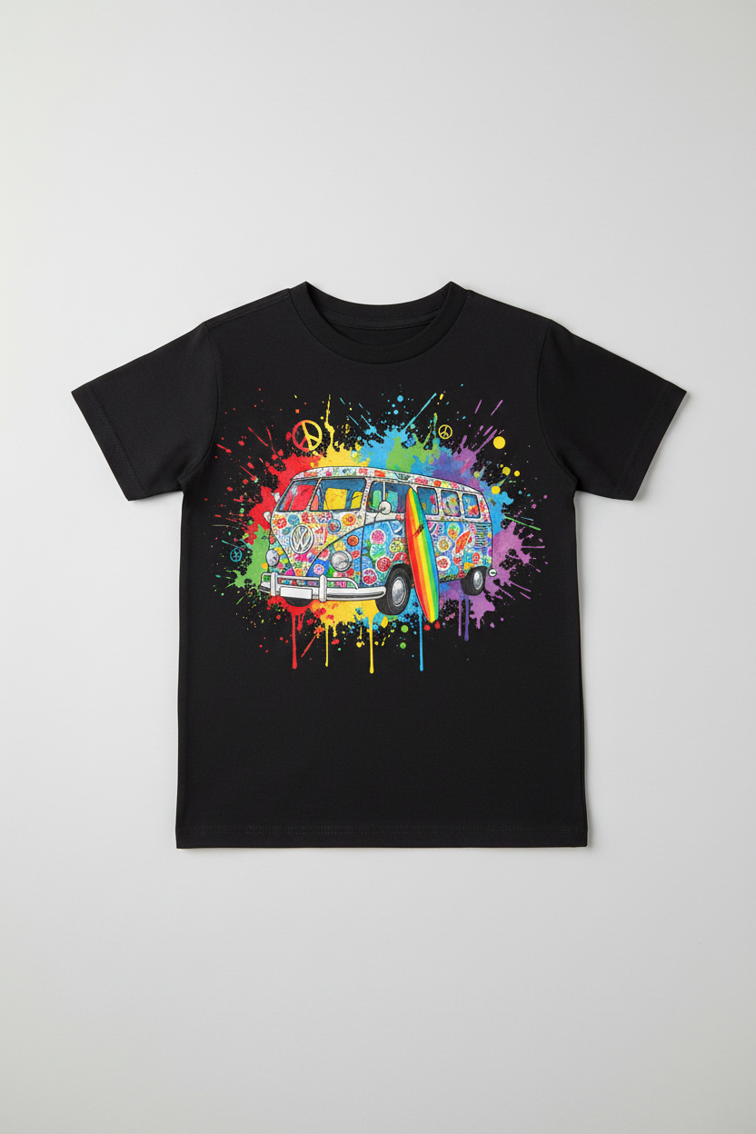 Camiseta negra con diseño de furgoneta VW camper colorida impresa en DTF