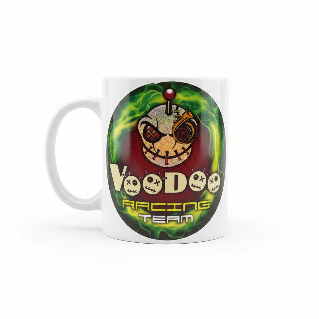 Taza sublimada con diseño Voodoo Racing Team sobre fondo blanco