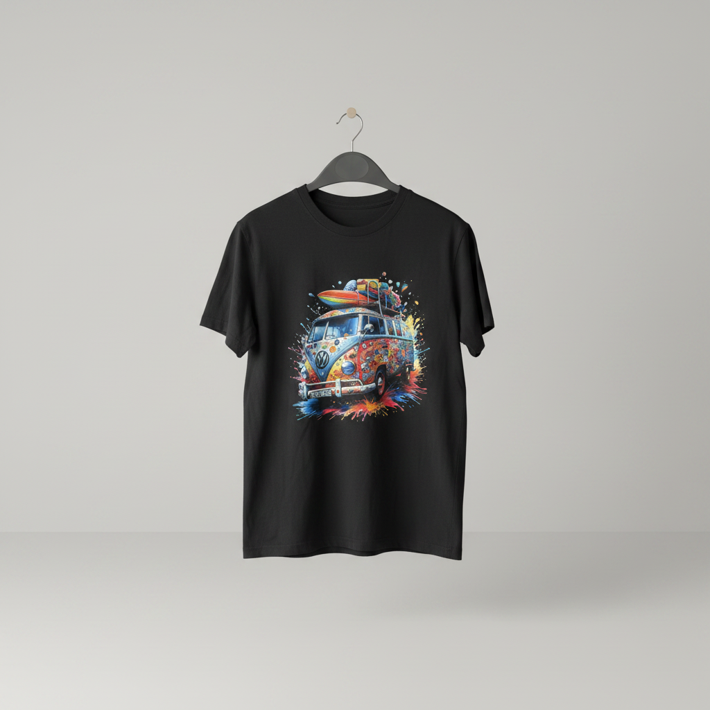 Camiseta negra personalizada con diseño DTF de furgoneta Camper VW con salpicaduras de color