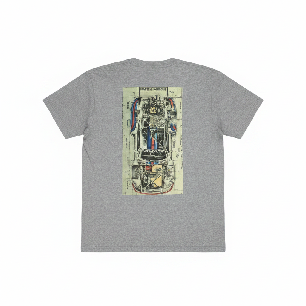 Camiseta gris con diseño Porsche Martini Racing en la espalda, fondo limpio