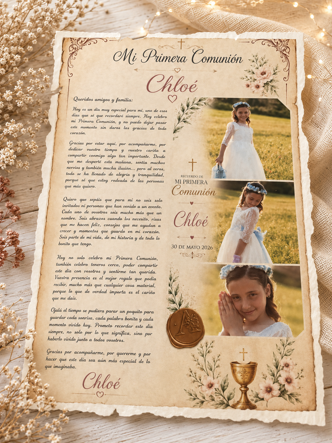 📜 Recordatorio Personalizado | Pergamino + Carta | Primera Comunión